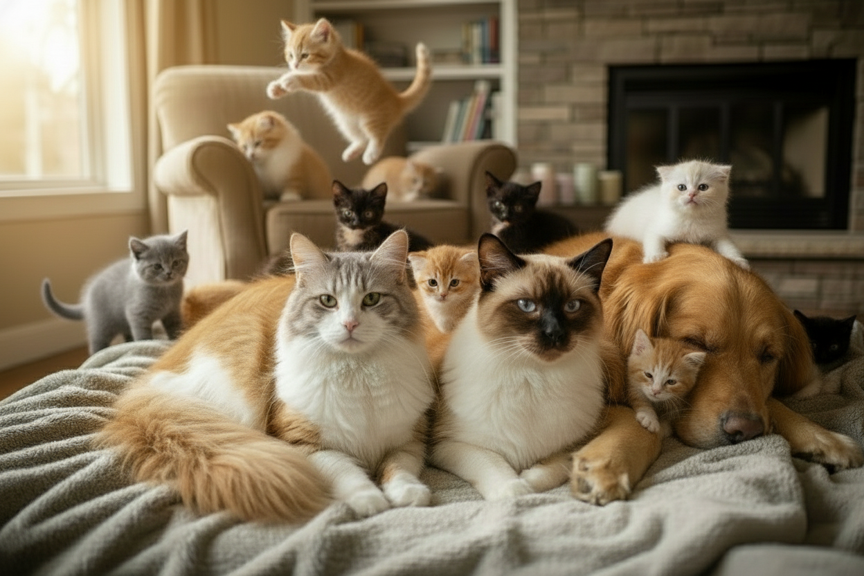 Add a kitten playing with the dogs nose and a kitten jumping off the back of the chair