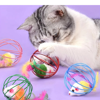 New Pet Toys Creative Pet Cats Toys Plush Mouse Feather Tail Painted Cage Kittens Self Entertaining Toy Pet Gifts Pet Supplies