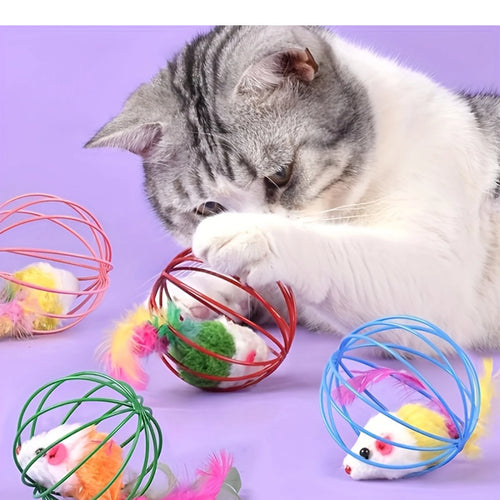 New Pet Toys Creative Pet Cats Toys Plush Mouse Feather Tail Painted Cage Kittens Self Entertaining Toy Pet Gifts Pet Supplies